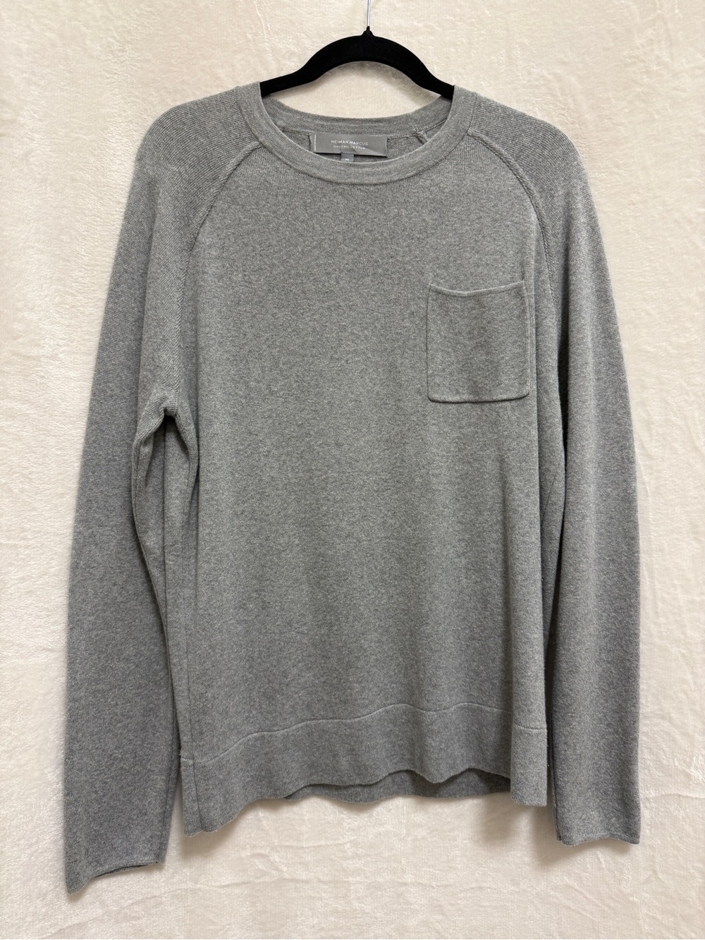 Neiman Marcus Light Grey Crewneck Sweater with Chest Pocket